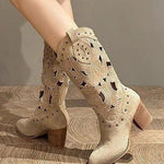 Suede chunky heel embroidered openwork Western boots
