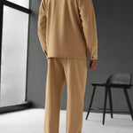 KZZ Men's Solid Color Pocket Jacket and Belt Waist Pants Sport Suit Regular Version Mature Business Style