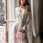 Slim-fit long-sleeve V-neck dress in lace and poly-cotton knit