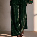 Green velvet round-neck lantern-sleeve top and wide-leg trousers set