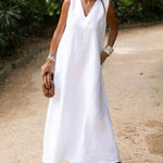 V Neck Pocket Loose Long Boho Dress Summer Sleeveless Tank Beach Dress