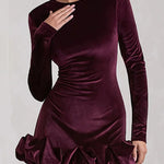 Velvet Round Neck Long Sleeve Ruched Puffy Hem Mini Dresses-Purple