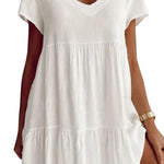 Cotton-Blend V Neck Casual Short Sleeve Weaving Dress