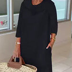 Stitching Round Neck Casual Style Solid Color Long Sleeve Dress