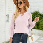 Nadorine V Neck Tops Solid Color Blouse Long Sleeve Pullover Lace Patchwork Shirt