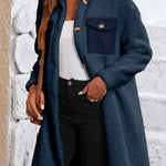 Blue Contrast Flap Pocket Single Breasted Teddy Coat