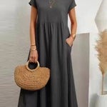Loose Short Sleeves Pleated Solid Color Round-Neck Midi Dresses