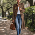 Vintage Washed Denim Military Officer Longline Gold-Button Fitted Statement Coat Women