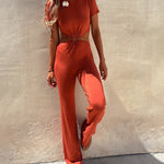 Nadorine Women's Crew Neck Short Sleeve Waist Cut Out Backless Casual Jumpsuit Romper