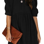 Black Pocketed Puff Sleeve Empire Waist Swing Short Dress