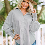 Nadorine Stripe Button-Down Long Sleeve Shirt Contrast Business Casual Top Loose Blouse