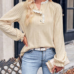 Solid Color Stand Collar Lace Long Sleeve Top Pullover