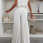 Fashionable Round Neck Shoulder Pads Top and Elastic Waist Pleated Wide-leg Pants Set