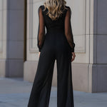 Sheer Sleeve Cinched Waist Wide-Leg Jumpsuit