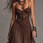 Dark Brown Lace-Paneled Chiffon Maxi Dress