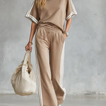 Casual Everyday Sports Striped-trim Khaki T-shirt And Pants Set