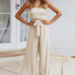 Solid Off Shoulder Bandeau Tube Tops Wide Leg Jumpsuit One Piece Cutout Tie Knot Romper Outfit