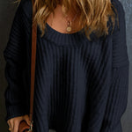 Black Ribbed Knit Drop Sleeve Round Neck Sweater