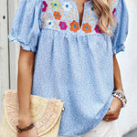 Sky Blue Floral Embroidered Notched V Neck Puff Sleeve Blouse