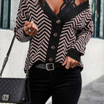 Long Sleeve V Neck Open Front Striped Knit Cardigan Sweaters