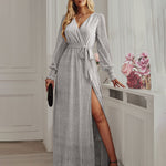 V-neck High Split Long Evening Dress with Belt