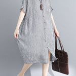Artistic Retro Loose Split-Joint Plaid Buttoned Stand Collar Half Sleeves Midi Dress