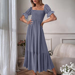 Ruffle Puff Sleeve Smocked Dress Square Neck Long Sleeve High Waist Flowy Maxi Dress