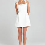 Cindy Faux Pearl Flower Applique Square Neck Pocketed Mini Dress