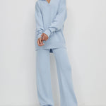Nadorine Casual Two-Pieces Outfits Lapel V Neck Sweater and Trousers Sets