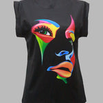 Cap Sleeve Loose Multi-Colored Printed High-Neck T-Shirts Tops