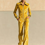 Stylish Retro Yellow Velvet Zipper Long-Sleeved Jumpsuit