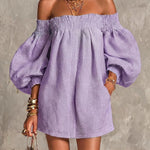 Pink Off-shoulder Lantern Sleeve A-line Loose Mini Dress