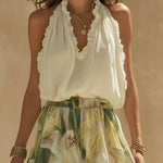 Vacation Chiffon Ruffled Sleeveless Top And Lily Print Pants Set