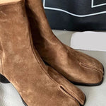 Genuine leather split-toe chunky heel mid-calf Martin boots