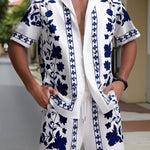 KZZ Men's ethnic-style patterned button-down shirt and shorts loungewear two-piece set