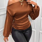 Women's Asymmetrical Long-Sleeved Satin Blouse with Slanted Collar