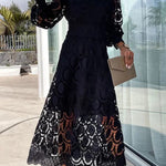 Romantic, Sensual and Elegant Crochet Lace Lantern Sleeve Party Midi Dress
