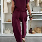 Leva Linen Blend Drawstring Short Sleeve Top and Elastic Waist Pocket Loose Tapered Pants