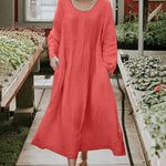 Round Neck Ruched Pocket Solid Long Sleeve Dress