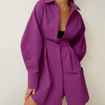 Long Sleeve Tunic Dress High Waist Lapel Short Dress Button Down Pleated Dress