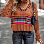 Striped Contrast V-Neck Dropped Shoulder Sweater