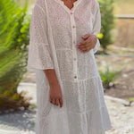 V-Neck 3/4 Sleeve Loose Embroidered Hollow Out Plus Size Blouse Dress
