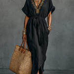 Women's Minimalist Linen Blend Embroidered Drawstring Short-sleeved Maxi Dress
