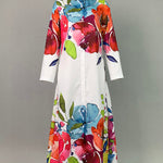 Long Sleeves Loose Buttoned Flower Print Lapel Maxi Dresses Shirt Dress