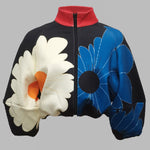 Contrast Color Floral Flower Print Zipper Stand Collar Jackets Outerwear