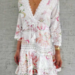 Floral Print A-line Party Dress Spring Summer V neck Lace Tassel Mini Solid Color Boho Dresses