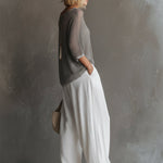 Simple Urban Gray Mesh Knit T-shirt And White Cotton Linen Wide-leg Pants Set