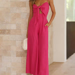 Ruffle Straps Crisscross Back Knot Front Slip Jumpsuit