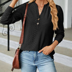 Solid Color V-Neck Buttoned Jacquard Loose-Fitting Long-Sleeved T-Shirt Top