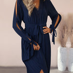 Hollow Long Sleeves Casual Ruffle V Neck Waist Dress with Belt